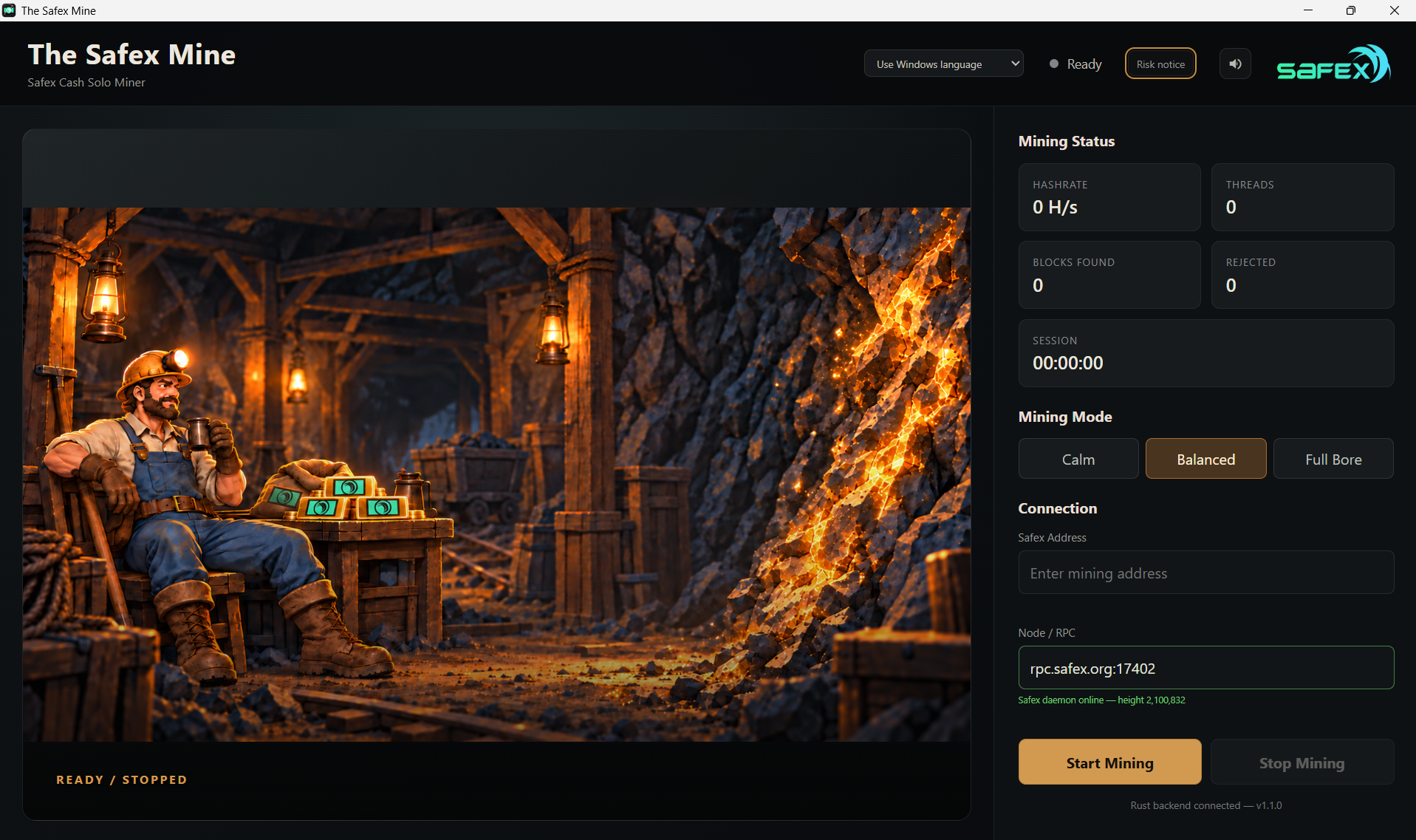 The Safex Mine v1.1.0 application window while mining